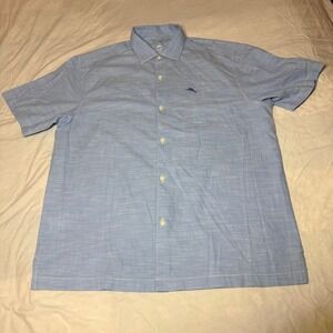 Tommy Bahama Mens Large Blue Slub Cotton Short Sleeve Button Down Shirt Marlin